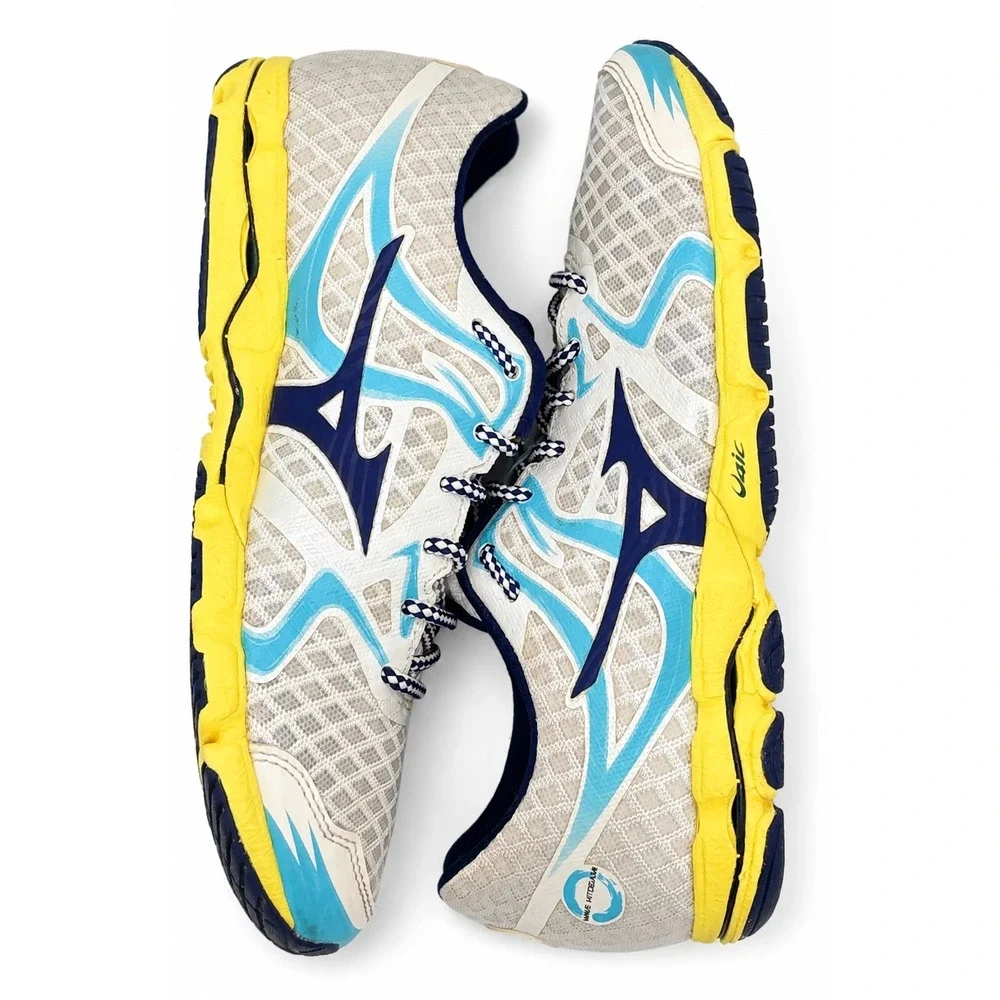 Mizuno Wave Hitogami Womens Size W6.5 White Blue Yellow Running Shoes J1GB148016